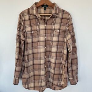 Vintage Ralph Lauren Jeans Co Flannel Plaid Cotton Shirt in Brown and Cream